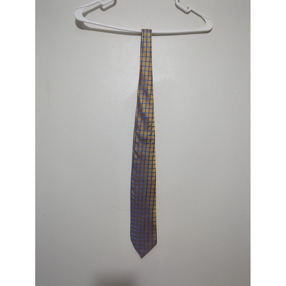 Principles for Men Silk Tie Gold Blue Geometric Grid Made in UK Mens Accessory